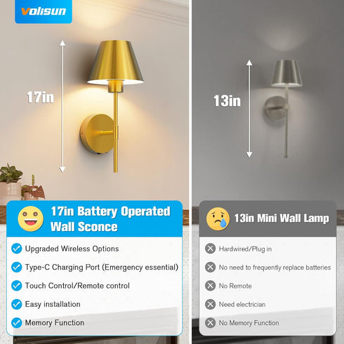 17In Set Remote,3 VOLISUN Battery Operated Wall Sconces of Two,Brushed Gold Wall Sconce Rechargeable with Colors