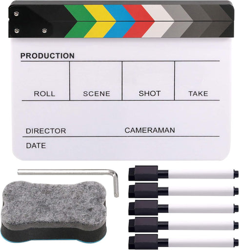 Movie Film Clap Board, Acrylic 10"x12" Dry Erase Director Clapboard with 5 Pcs Erasable Pen for Photography