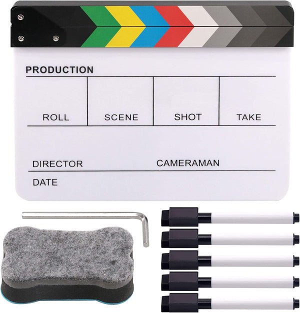 Movie Film Clap Board, Acrylic 10"x12" Dry Erase Director Clapboard with 5 Pcs Erasable Pen for Photography