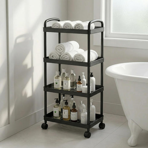 4-Tier (Black-2pcs) Rolling Utility Cart with Handle Multi-Functional Storage Trolley with Wheels, Movable Organizer