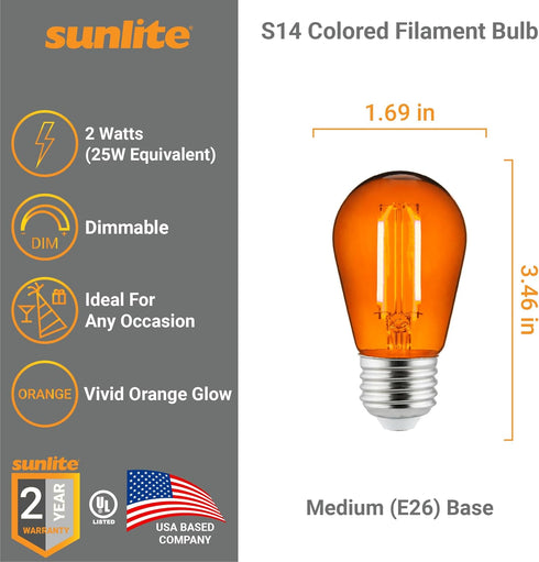 Sunlite 40975 LED S14 String Light Bulb, 2 Watts (25W Equivalent), Medium E26 Base, Party Decoration, Holiday Lighting, Transparent, Dimmable, UL Listed, Orange, 6 Count by Sunlite