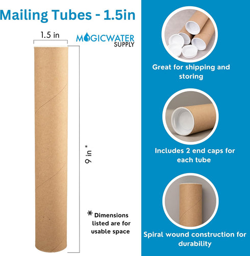 MagicWater Supply Mailing Tube - 1.5 in x 9 in - Kraft - 12 Pack - for Shipping and Storage of Posters, Arts, Crafts, and Documents