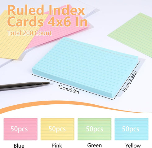 WINKIO 4x6 Inches, 200 Count Cards,150gsm (50 Colored Index Cards Note Heavy Weight College Ruled Colored Flashcards