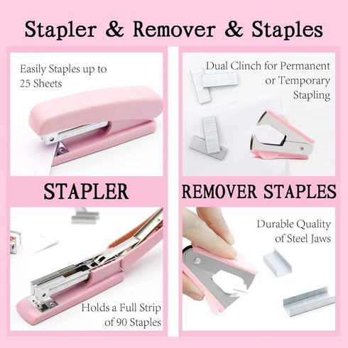 Pink Desk Organizers and Accessories 10Pcs Set, 360-Degree Rotating Pen Holder, Tape Dispenser, Stapler, Scissors