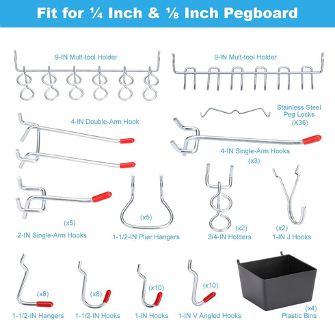 60 Assorted Pegboard Hooks with Bins and 154 Peg Locks/Caps for 1/4 inch & 1/8 Inch Peg Board