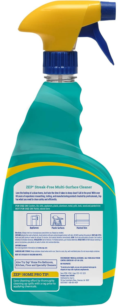 Zep Home Pro Streak-Free Multi-Surface Cleaner, 32 Fl. Oz., Pro Trusted Cleaning Power in Refreshing Scents