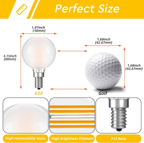 G16.5 Bulb 40w 4W Bulb,Dimmable E12 Bulb,Round Bulbs 2700K 400LM,Pack 6 LED Light Equal Type G Frosted Globe Candelabra