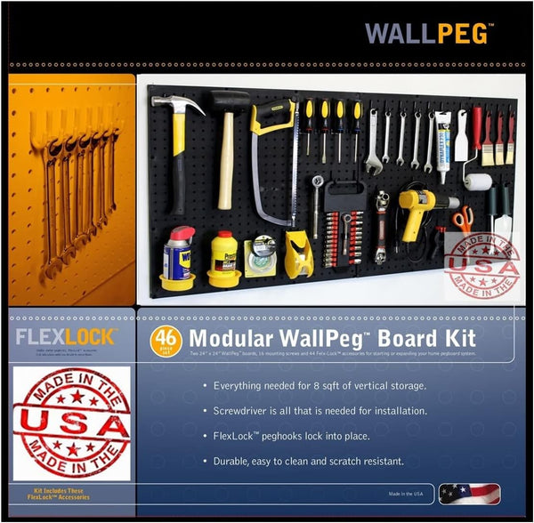 WallPeg 24" x 48" Garage Pegboard Kit (PK-3-B) - Peg Board Panels, Hooks for Tool Organizer, Garage Storage