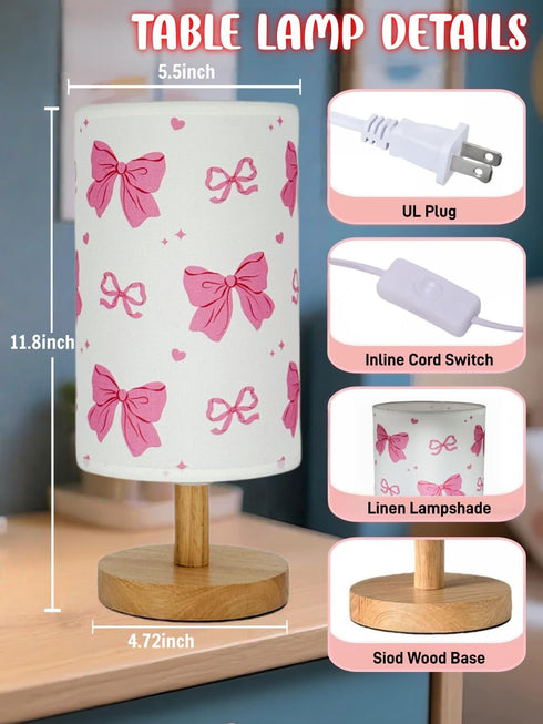 Agrollozi 3-Way Dimmable Pink Bow Table Lamp, Girls for Bedroom Bedside Lamp, Nightstand Night Light with Linen Fabric