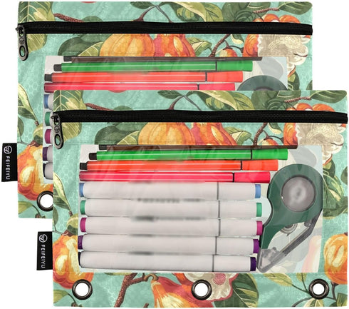 panksolu 3 2PCS Binder Pencil Pouch for Ring Cashew Fruits Pencil Pouch with Zipper Clear Window Pencil Case Pencil