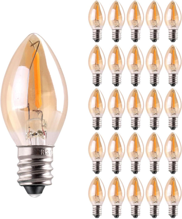 C7 LED Night Light Bulb, Classical Edison Style E12 Candle Base, 0.5 Watt LED Filament, 5 Watts Equivalent, 25 Pack