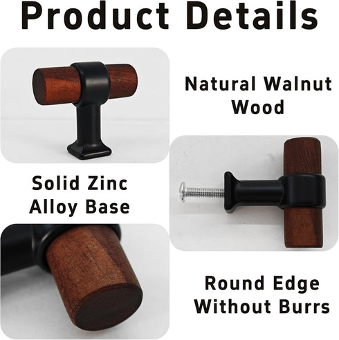 bociloy 4Pcs 1.57 Walnut Wood Drawer Pulls, Single Hole Kitchen Cabinet Hardware Handles, Metal and Wooden Cabinet