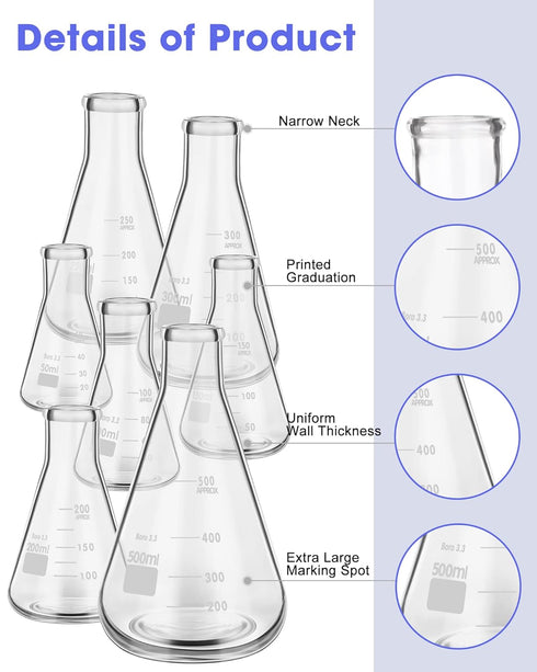 9 Pack Glass Erlenmeyer Flask Set with Glass Stirring Rod, 7 Sizes, Borosilicate Glass for Lab Chemistry