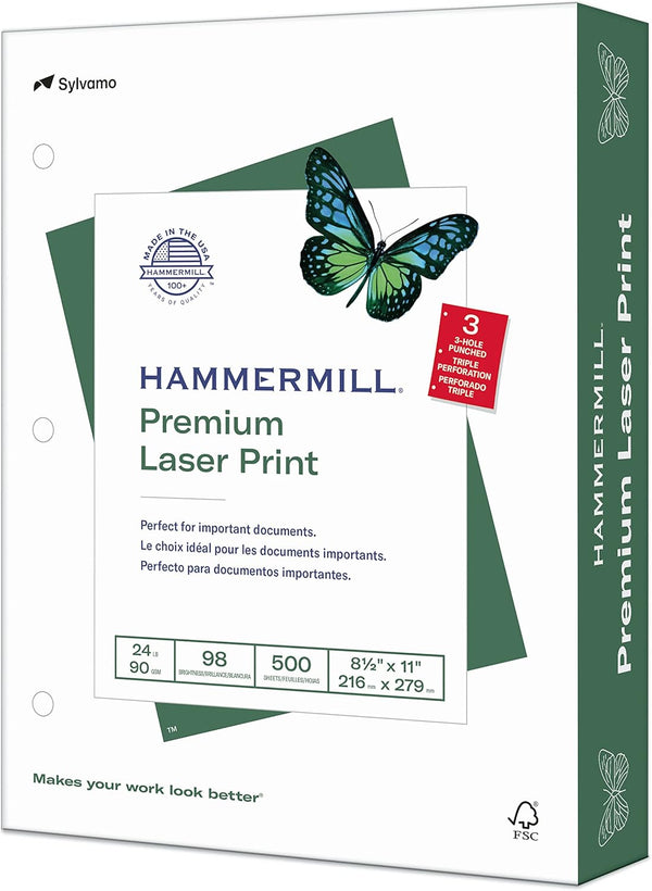 Hammermill Premium Laser Print Paper, 8.5 x 11 Paper, 24lb, 98 Bright, 3 Hole, 1 Ream / 500 Sheets (107681R)