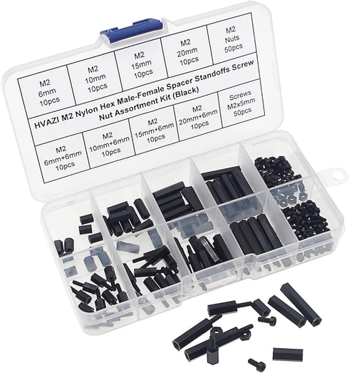 M2 Nylon Hex Male-Female Spacer Standoffs Screw Nut Assortment Kit - Black
