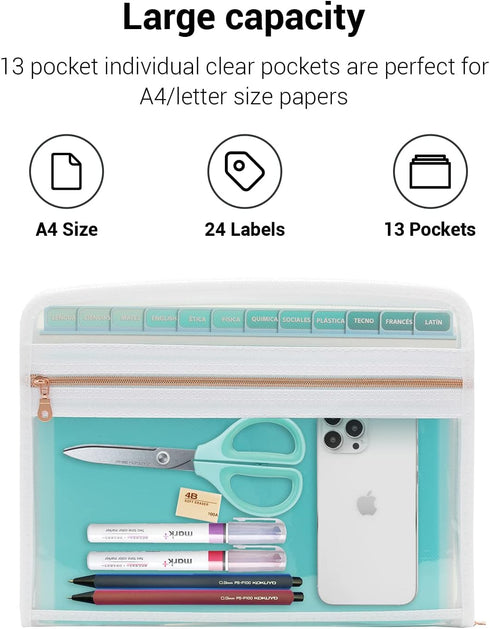 Mukawa 13 Pocket Expanding File Folder, Zipper Accordion File Folder, Expandable Folder with Customized Labels,