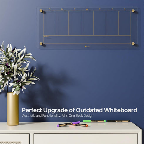 Clear Glass Weekly Dry Erase Calendar, Non-Magnetic Whiteboard for Wall, 7 Day To Do List, 23x9.5", 4 Markers