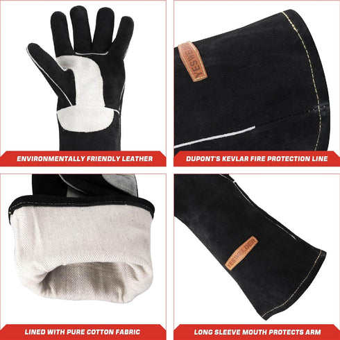 YESWELDER Leather Forge MIG Welding Gloves, Heat Resistant Black Gloves for Grill/BBQ/Oven