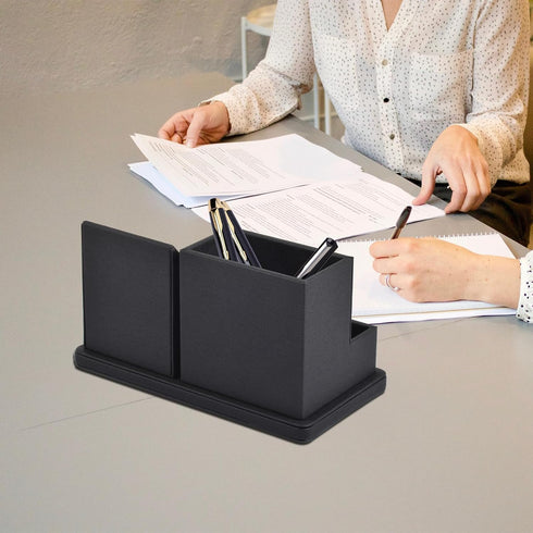 Black Pu Leather Desk Pen/Pencil Organizer with 3 Compartments, Multi-Function Storage Box for Office Supplies