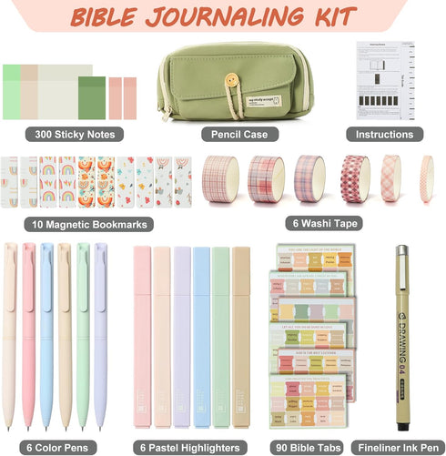 Bible Journaling Kit, Bible Highlighters and Pens No Bleed, Laminated Bible Tabs, Sticky Notes, Pencil Case, Bible Study Supplies Essentials, Book Annotation Kit for Women Men Office School