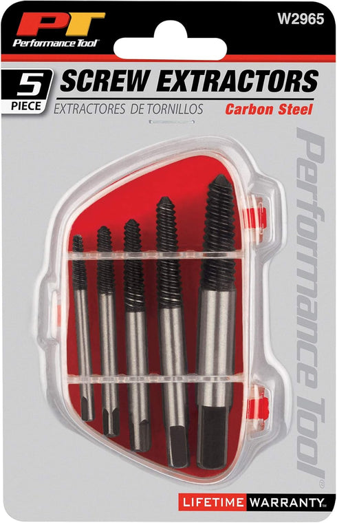 Screw Extractor Set, Removes Damaged Screws, Broken Studs, Set Screws and Pipe Fittings - Performance Tool W2965
