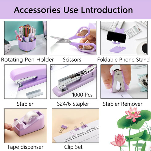 suniya Pen,Bookmark,Ect.22pcs Office Supplies,Purple Desk Accessories,Desk Organizer,Stapler,Tape Dispenser,Folding