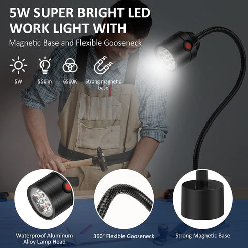 Deeffe Magnetic Work Light, LED Machine Light with Flexible Gooseneck and Magnetic Base, Shop Tool Lamp for Lathe, Work