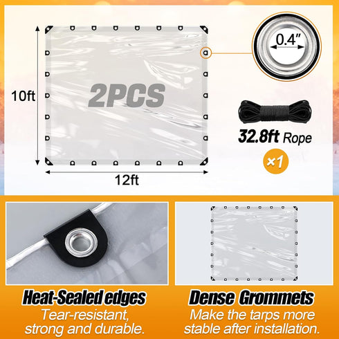 10x12ft 2pcs Grommets Anti-Tear Clear Tarp Waterproof - Windproof Poly Tarpaulin, Heavy Duty Transparent Enclosure