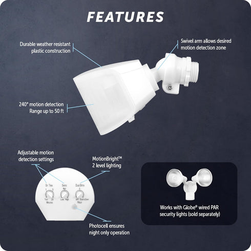 Globe Electric Wired Motion Sensor Flood Light Replacement for Outdoor Security