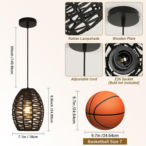 4.9ft DELIPOP Pendant Light, Hand-Woven Rattan Chandelier, Boho Hanging Light with Adjustable Cord for Living Room