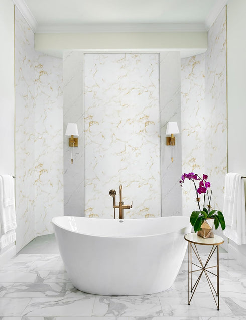 White Marble Contact Paper, 15.7"x78.7", Glossy Peel and Stick Wallpaper with Yellow Marble Grain for Decor