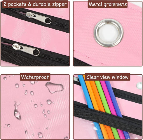 YoeeJob 1 Pack Pencil Pouch for 3 Ring Binder, Expandable Zipper Binder Pouches with Large Capacity Clear Window, Pink