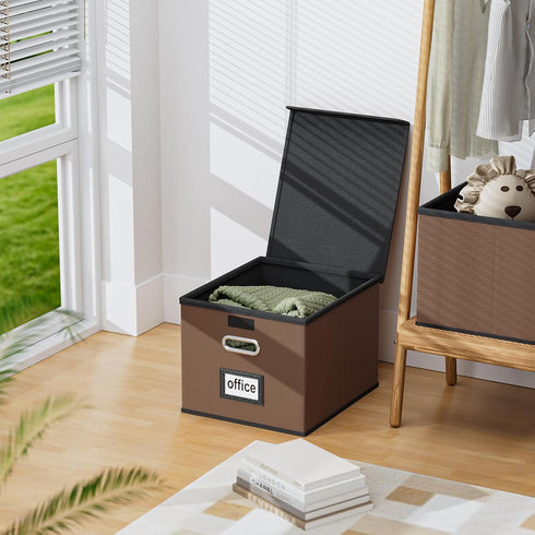 Huolewa Upgraded Faux Leather File Organizer Box with Lid, Collapsible Hanging Folder Box for Home/Office Storage