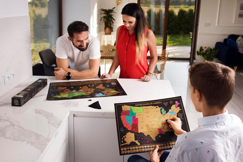 Two Scratch-Off Maps: World Map 17x24" + USA Map, Deluxe Travel Posters with Accessories