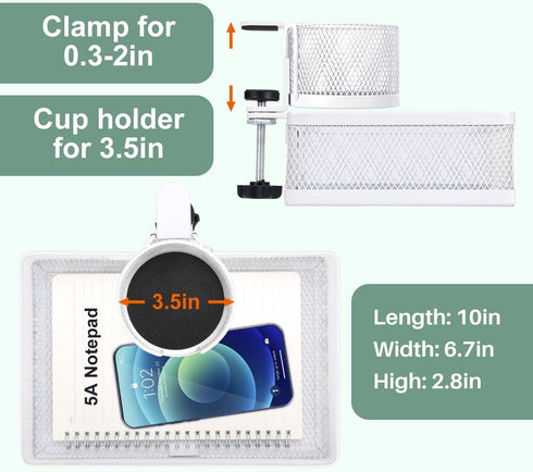 ROSYLINE 360° Rotation Under Desk Drawer, Rotary Storage Organizer with Cup Holder, Clamp Drawer Basket, White