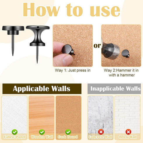 Metal Push Pins - 35 Pieces Large Double Headed Picture Hanging Nails and Black Thumb Tacks for Wall Cork Board