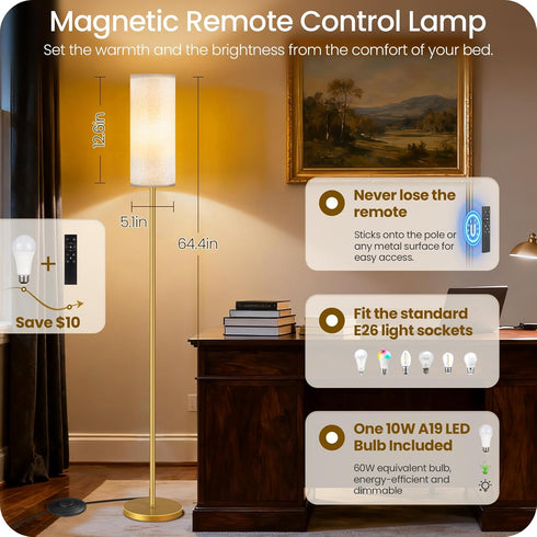 Dimmable Bulb 3000K-6500K, DE06LD05W1 Floor Lamp for Living Room with Remote and Foot Switch, Standing Tall Lamp