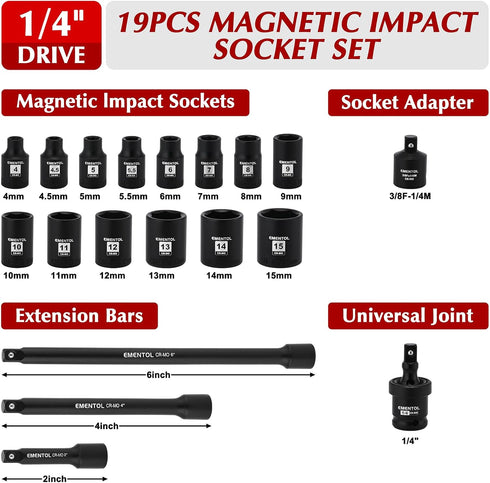 1/4 Inch Set, 19-Piece 4-15mm, 6 EMENTOL Drive Magnetic Impact Socket Metric, Point, Shallow, Cr-Mo,Magnetic Sockets