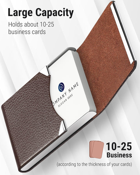 MaxGear Business Card Holder, PU Leather & Stainless Steel Case for Men or Women, RFID Blocking, Coffee