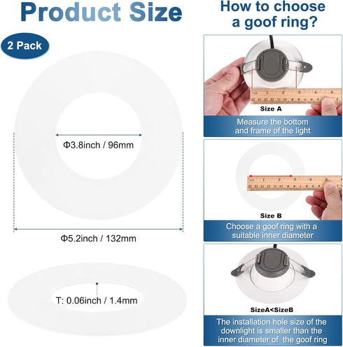 2-Pack 4 Inch 3.8" 5.2" M METERXITY Goof Rings for Recessed Lights, ID OD Durable Plastic Trim Ring Flush Mount White