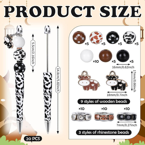 Whaline 110Pcs Cow Beadable Pens Black and Brown Cow Print DIY Pens with 30Pcs Spacer Beads 40Pcs Wooden Beads 10Pcs Cow Pendant for Student Office School Jewelry Craft Decorations by Whaline