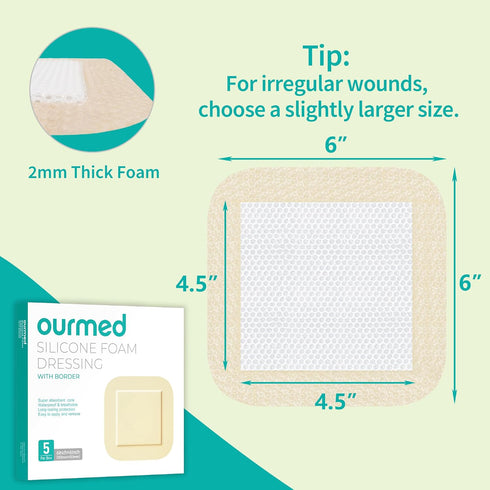 6" 6", 5 Pack Ourmed Silicone Foam Dressing with Border Adhesive - Large Absorbent Waterproof Bandage for Wound Care