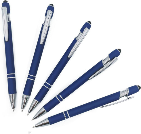 Pack of 5 Rubberized Comfort Soft Touch 2 in 1 Ballpoint Pen, Capacitive Stylus Tip, Black Ink, Dark Navy Blue