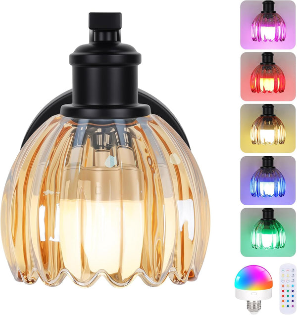 VerRon Rechargeable Battery Operated Wall Sconce with Amber Glass Lampshade, Wireless Wall
