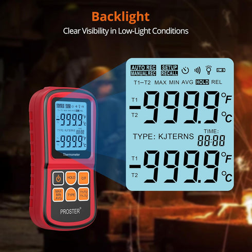 Proster Digital Thermocouple Temperature Thermometer Dual Channel with Two K-Type Probes, Backlight LCD