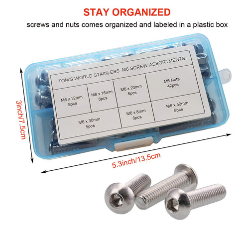 84Pcs M6 Hex Pan Head Cap Bolts Nuts Screws Assortment Set - 304 Stainless Steel Allen Socket Drive (84PCS M6)