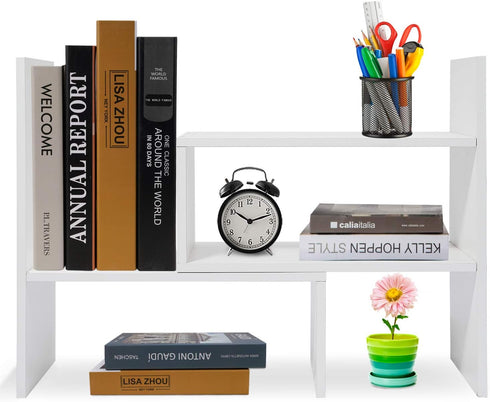 Adjustable White Wood Desktop Organizer - Stylish Storage Solution