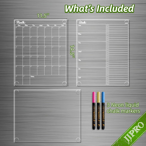 JJPRO Non-Magnetic Dry Erase Calendar for Fridge, Reusable Monthly & Weekly Planning Board Bundle for Smooth Surfaces