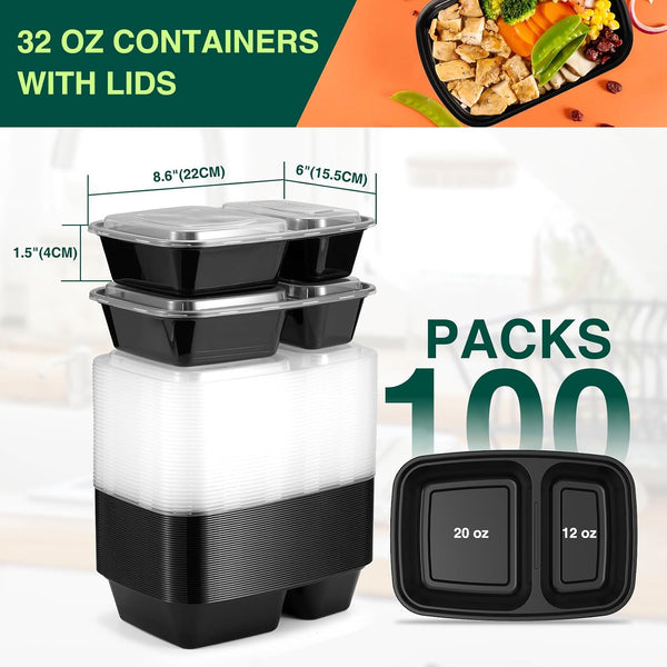 100 Pack (200-Piece)32 oz Containers,2-Compartment Meal Prep Reusable Food Storage Containers with Lids,Microwave