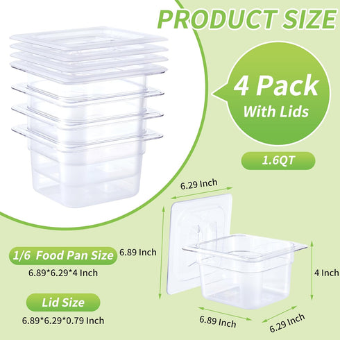 1/6 4" Commercial (4 Pack) Size Deep Plastic Food Pans with lids,Clear Polycarbonate Food Storage Containers
